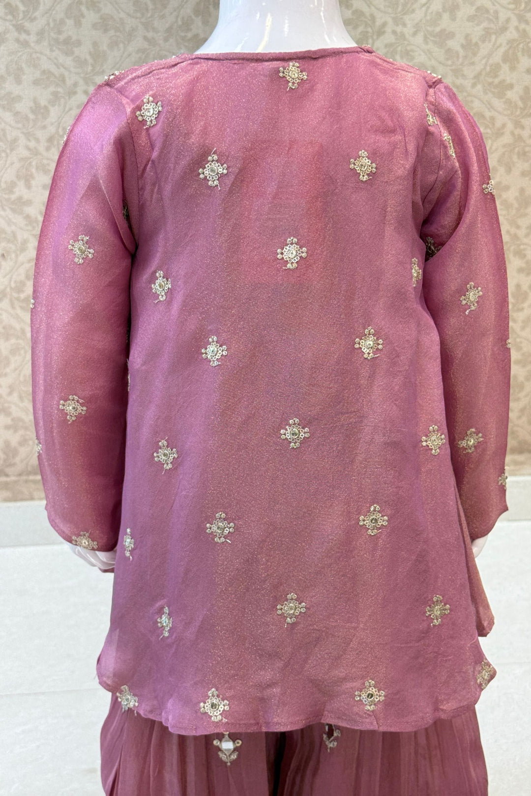 Onion Pink Sequins, Zari and Thread work Overcoat Style Palazzo Suit Set for Girls
