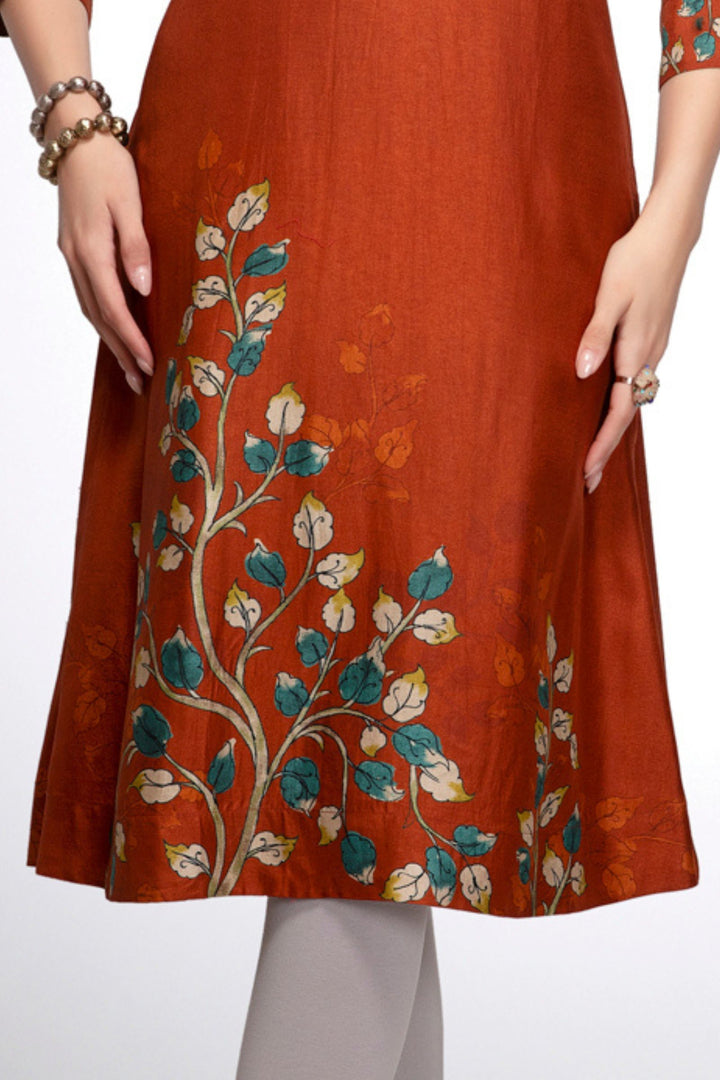 Rust Mirror work with Digital Print Calf Length Kurti