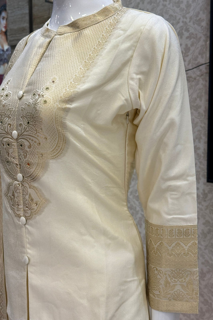 Cream Straight Cut Salwar Suit with Stone, Mirror and Banaras work