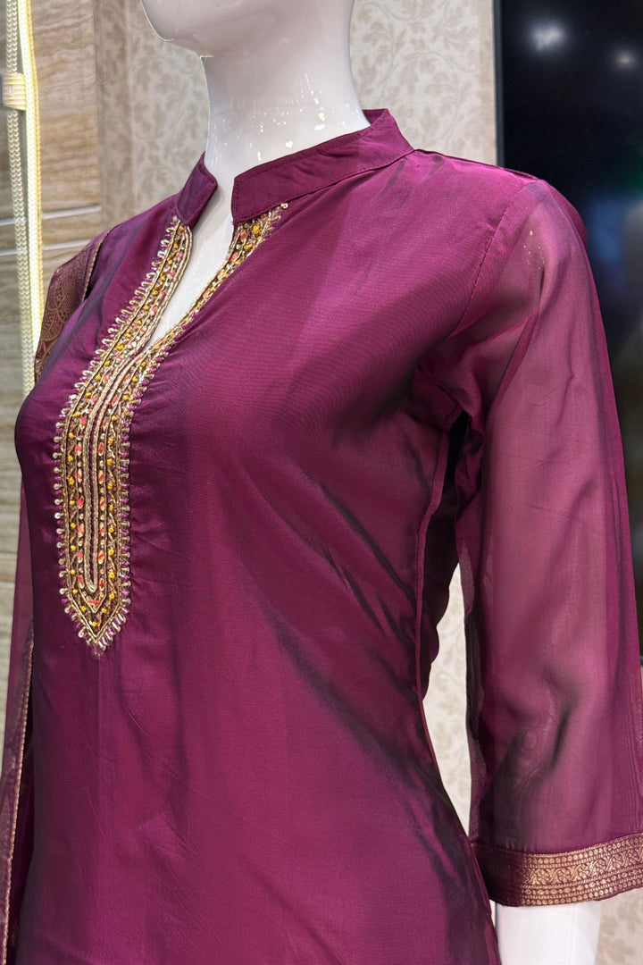 Wine Straight Cut Salwar Suit with Beads, Zardozi, Sequins, Mirror and Brocade work