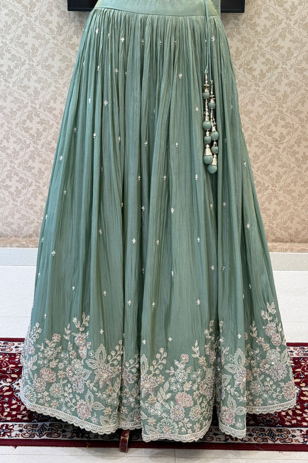Sea Green Mirror, Stone, Zardozi, Beads and Embroidery work Lehenga