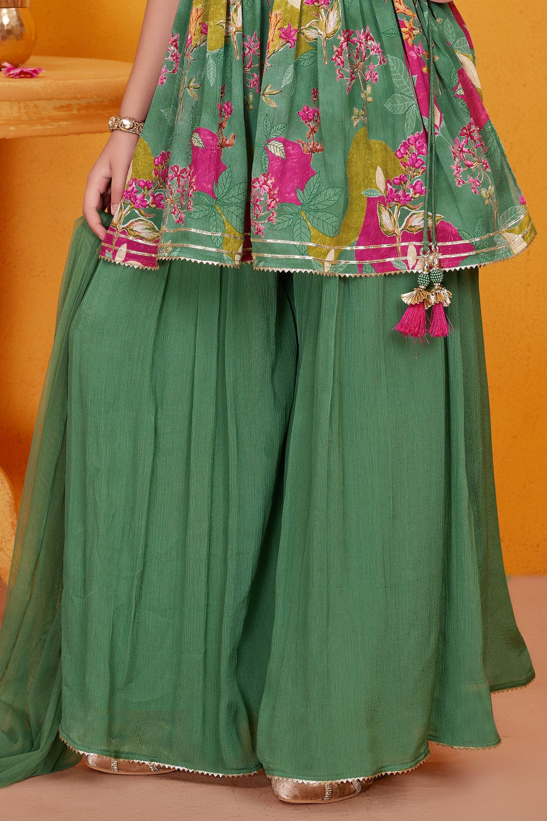 Green Sequins work with Multicolor Digital Print Peplum Top and Palazzo Set For Girls
