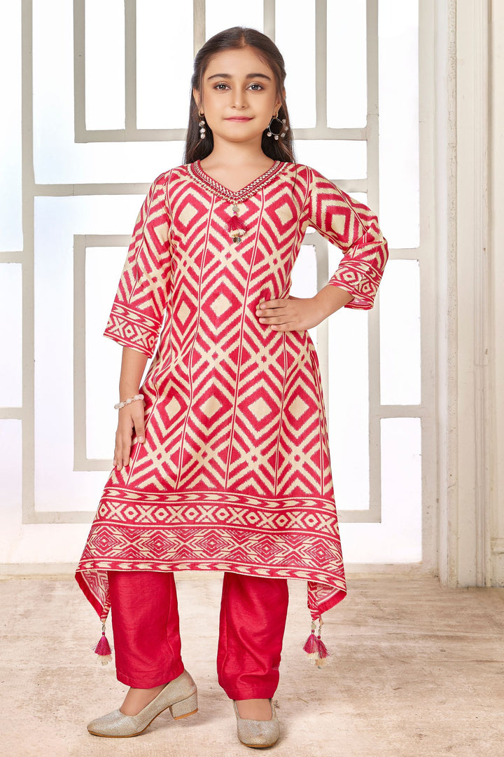 Rani Pink with Cream Digital Print, Mirror and Thread work Salwar Suit for Girls