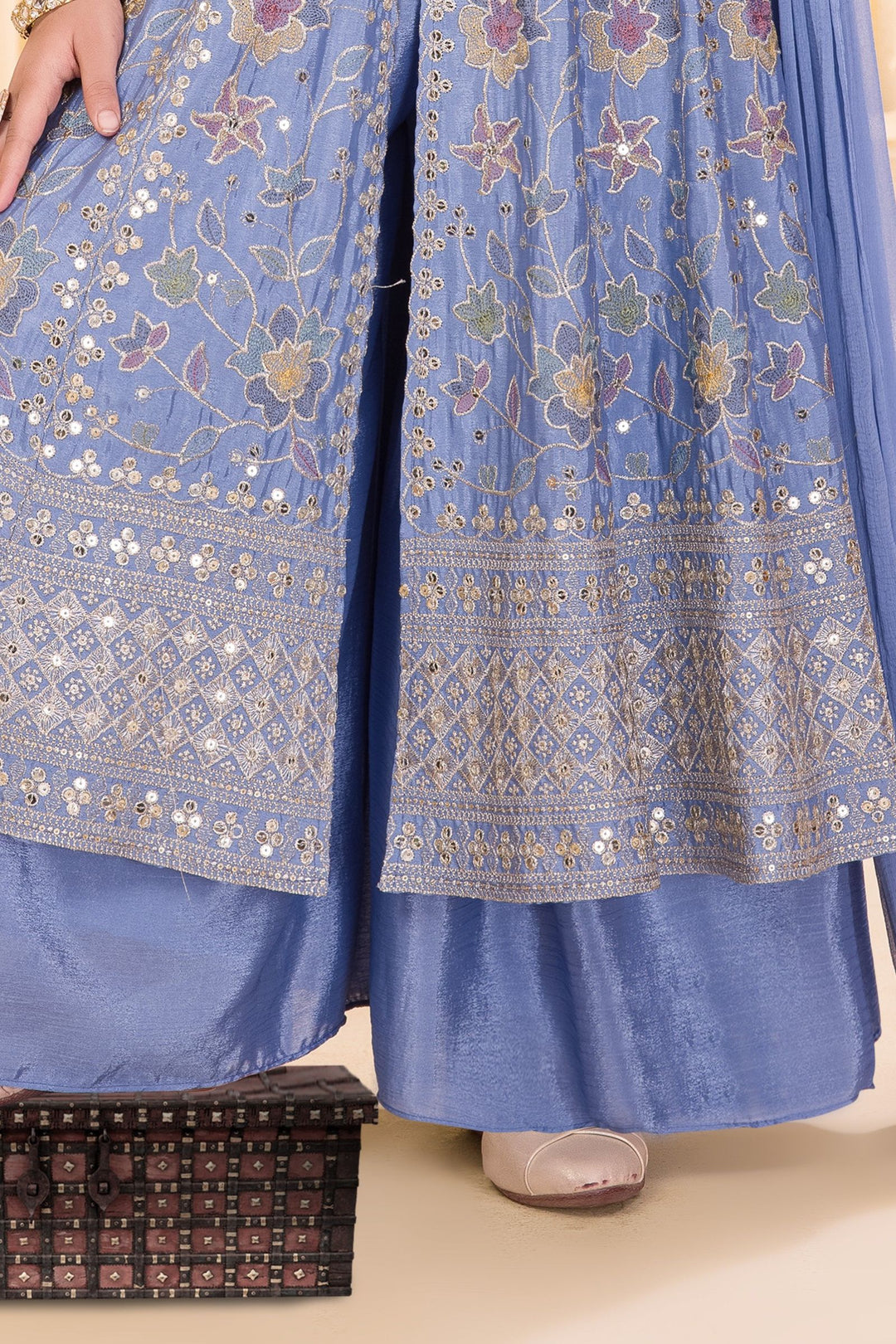 Blue Zari, Sequins and Multicolor Thread work Palazzo Suit Set for Girls