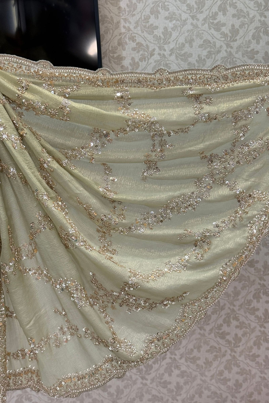 Pista Green Saree Featuring Sequins, Pearl, Beads and Zari work