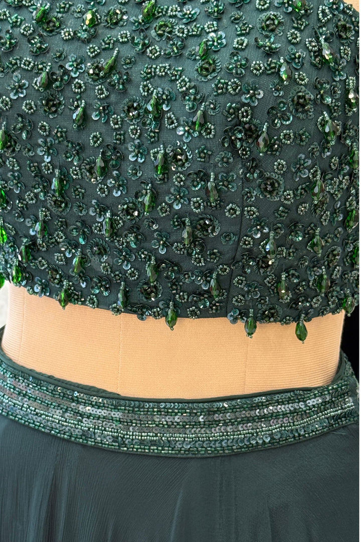Bottle Green Beads and Sequins work Crop Top Lehenga