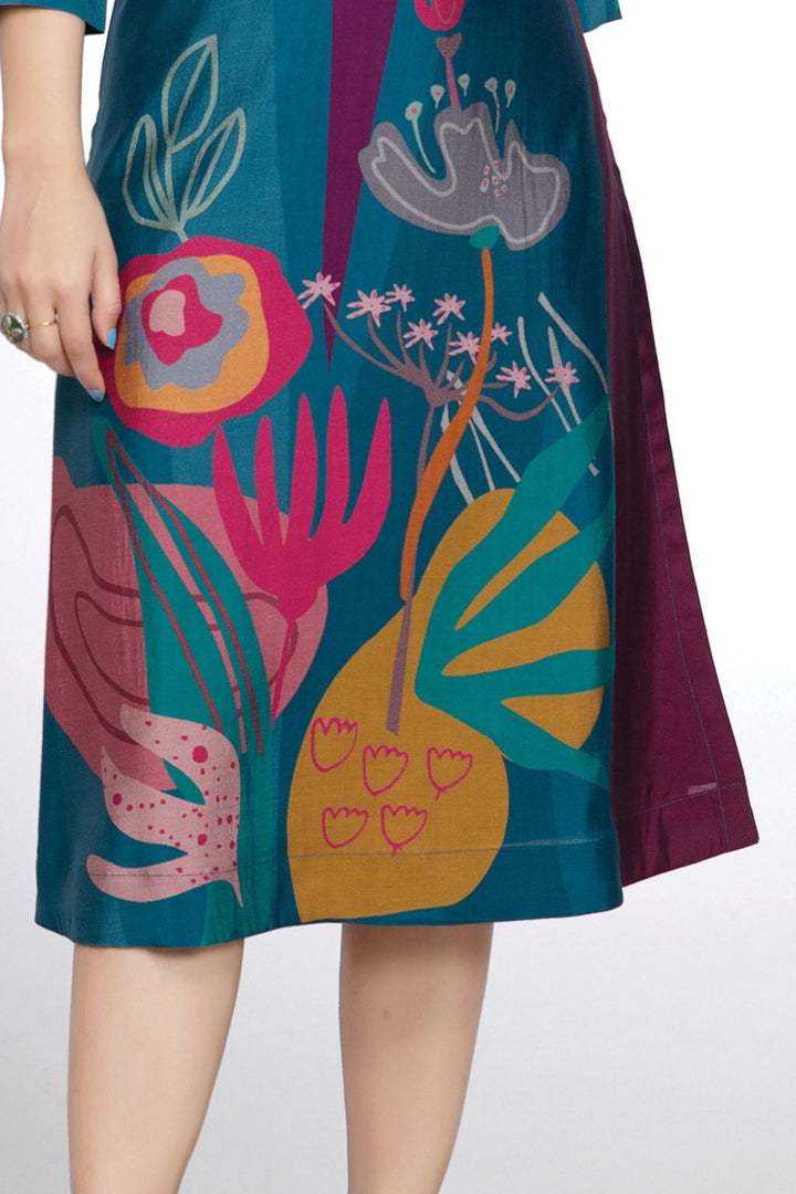 Peacock Blue Multicolor Digital Print Calf Length Kurti