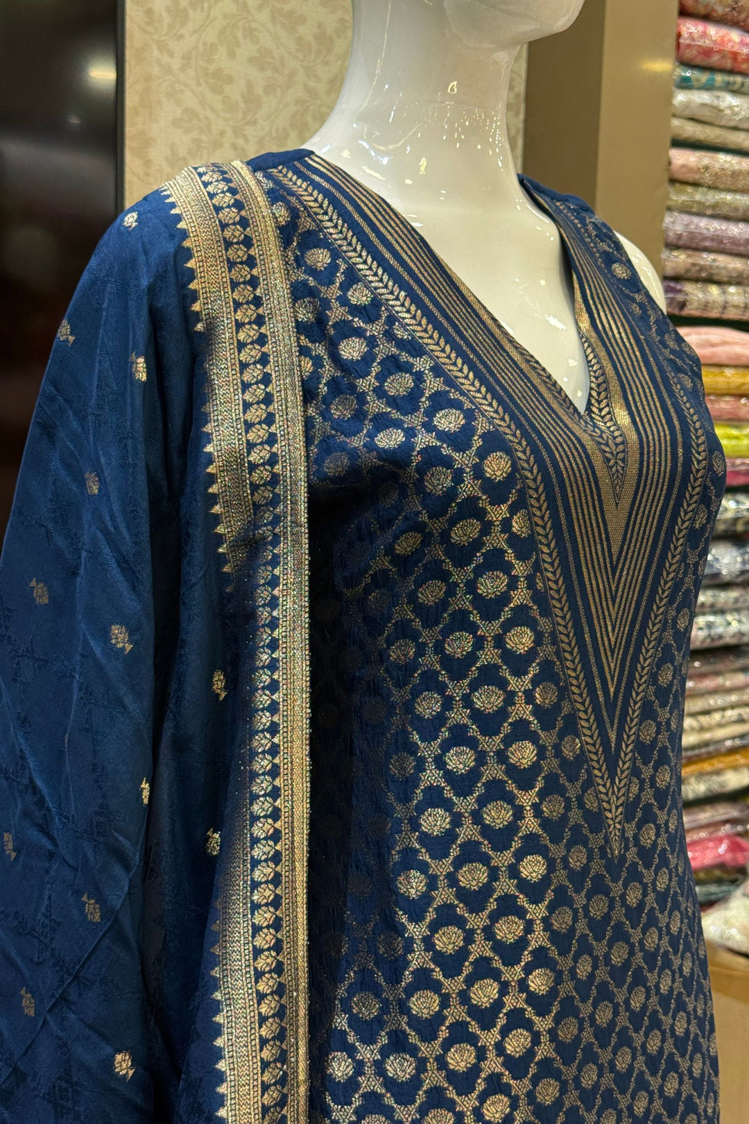 Teal Blue Banaras work V-Neck Straight Cut Salwar Suit