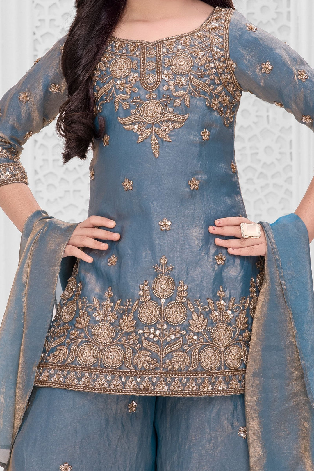 Greyish Blue Beads, Zari and Sequins work Palazzo Suit Set for Girls