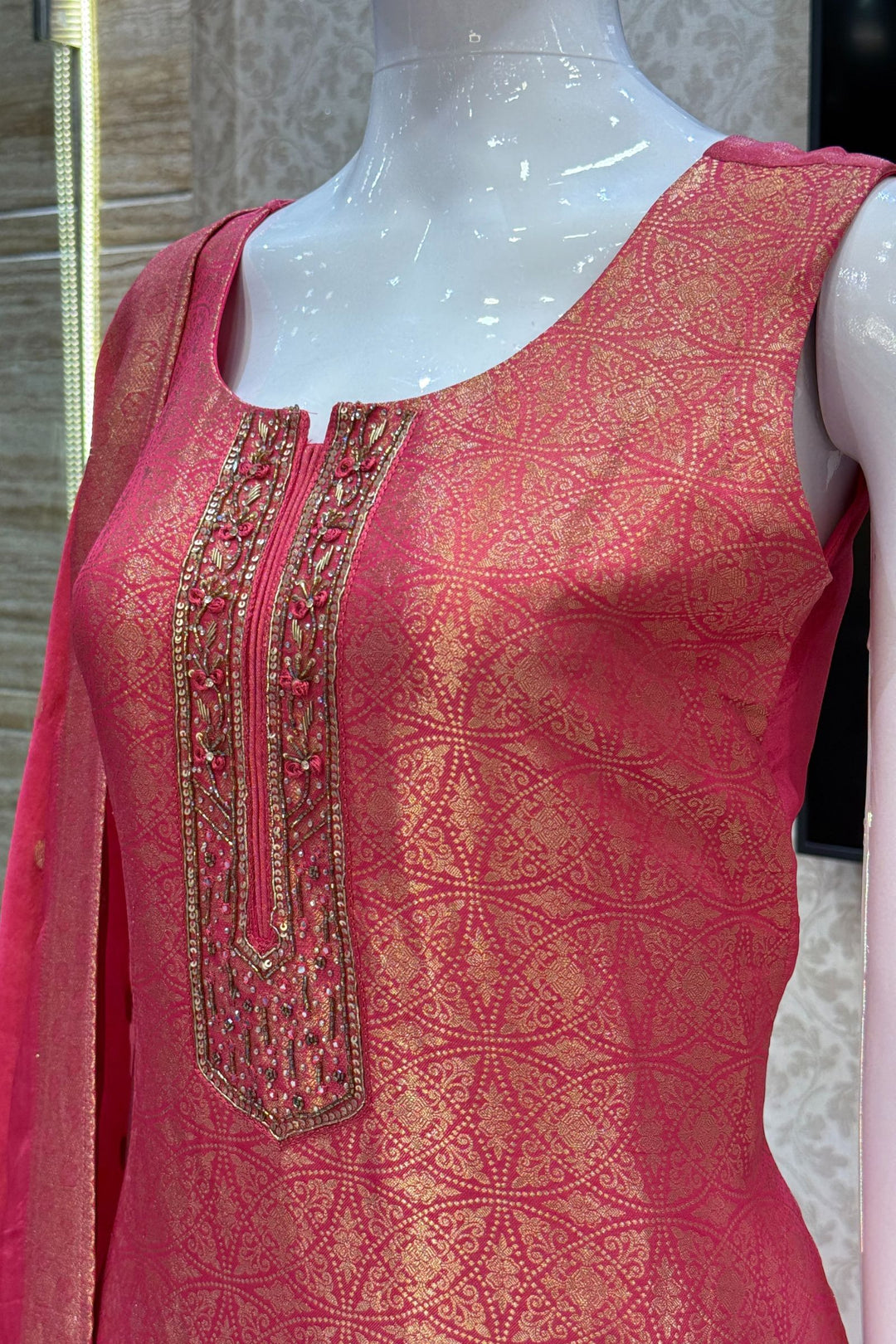 Pink Zardozi, Stone, Beads, Sequins and Brocade work Straight Cut Salwar Suit