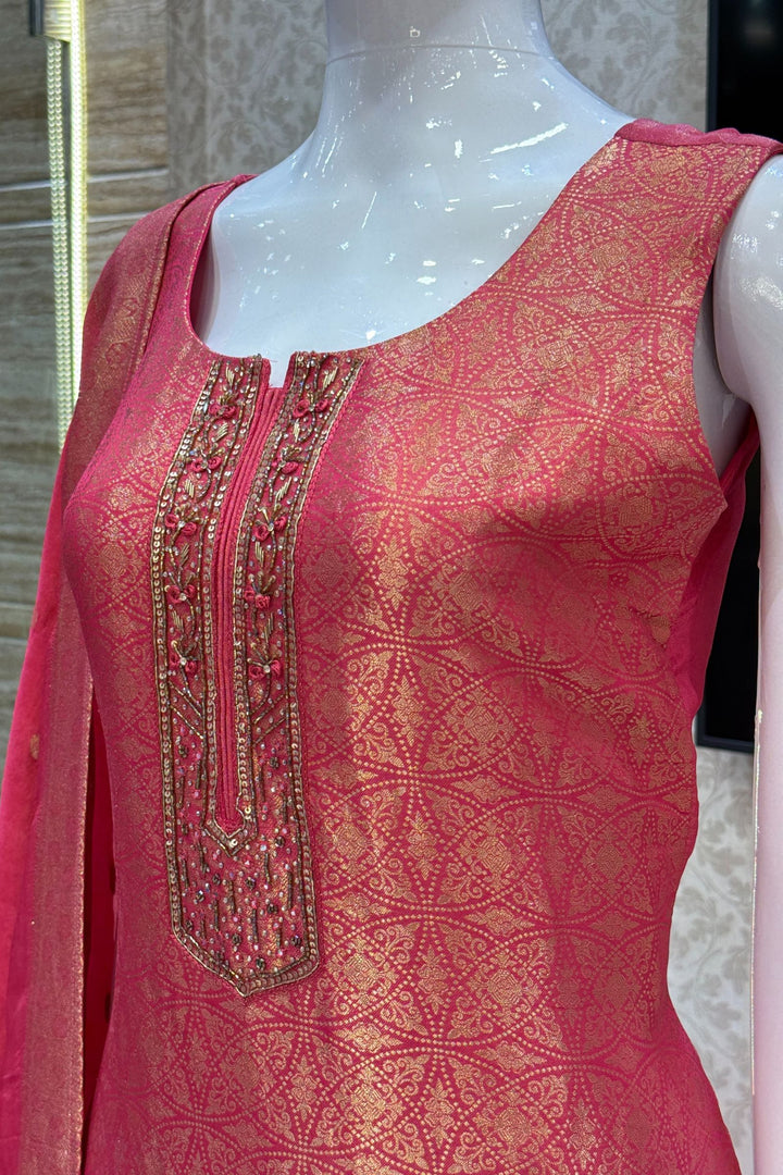 Pink Zardozi, Stone, Beads, Sequins and Brocade work Straight Cut Salwar Suit