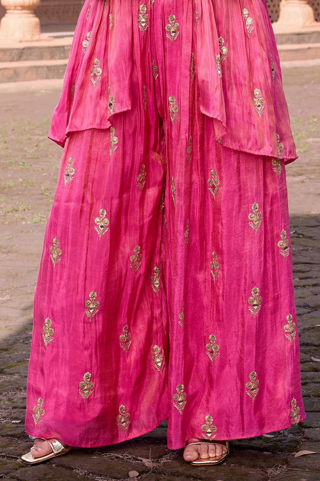 Lotus Pink Sequins and Zari work Overcoat Styled Palazzo Set For Girls