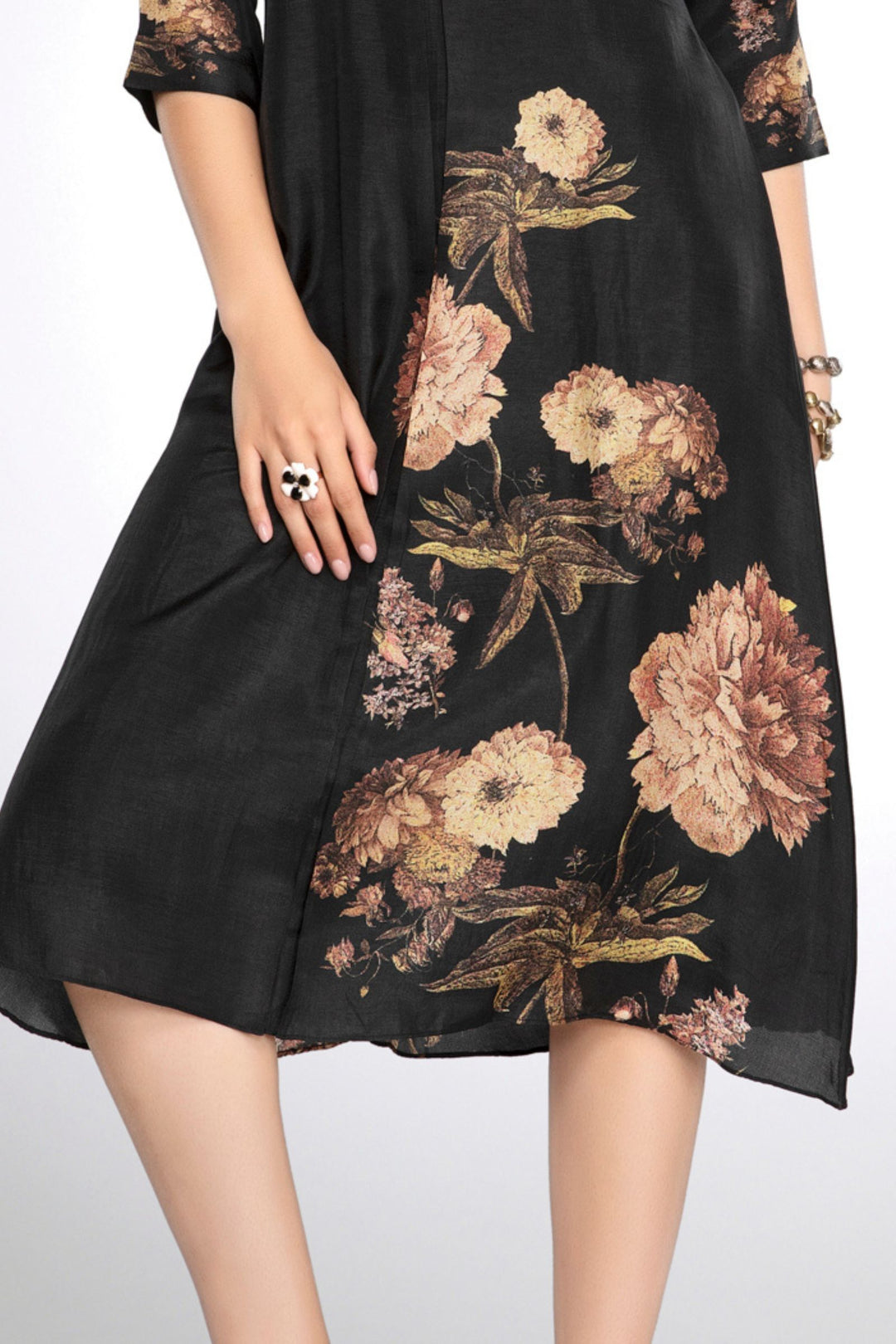 Black Zardozi, Beads and Stone work with Floral Print A-line Cut Calf Length Kurti