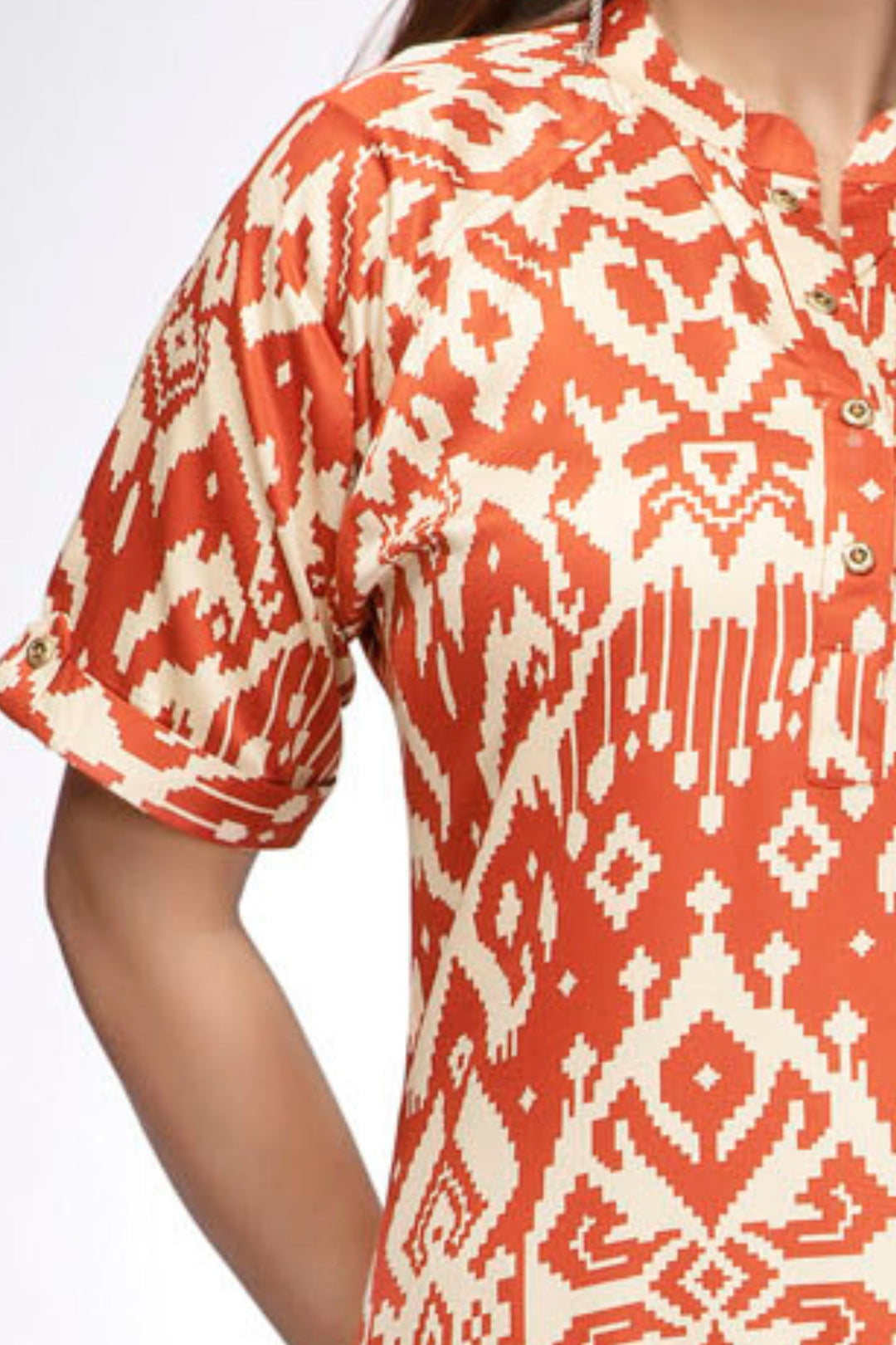 Rust Orange and Ivory Ikat Print A-Line Kurta Set