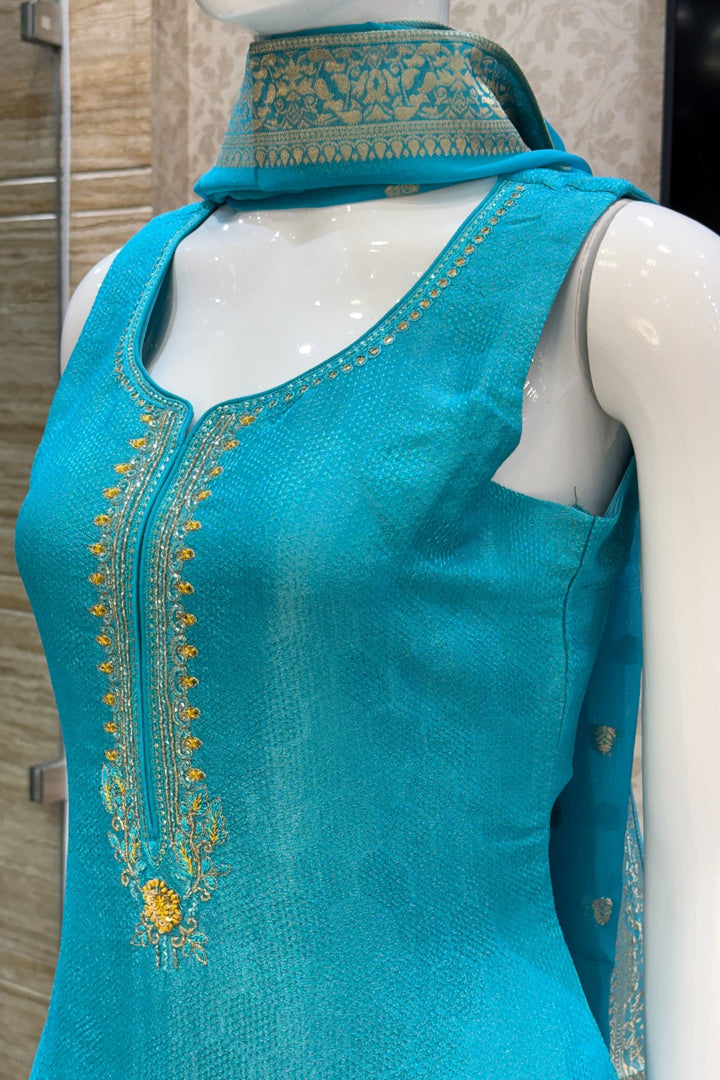 Rama Blue Thread, Sequins, Beads and Mirror work Straight Cut Salwar Suit