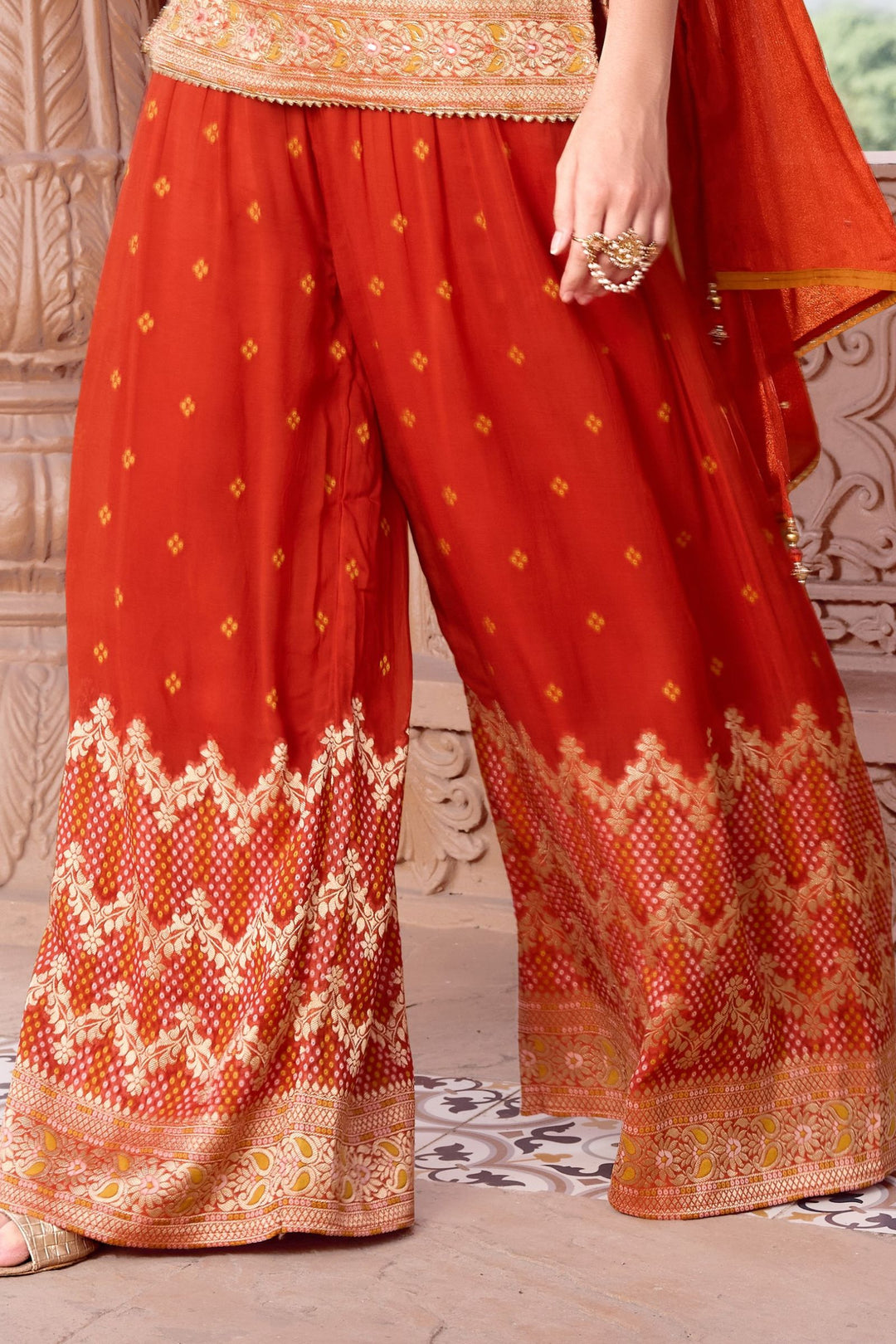 Brick Red Zari, Sequins, Zardozi and Beads work Palazzo Suit Set for Girls