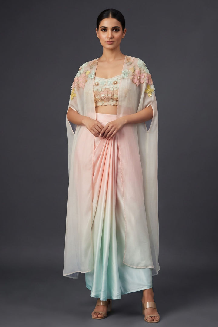Pastel Pink with Blue Indo-Western Styled Cape, Top and Cowl Skirt