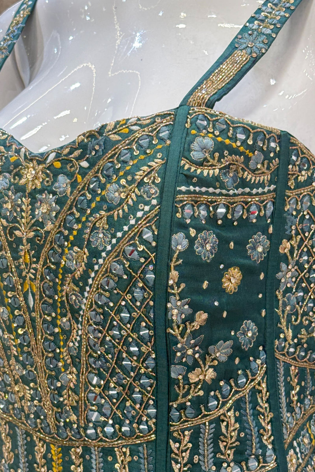 Green Zardozi, Mirror, Beads, Sequins, Thread, Zari and Stone work Palazzo Suit Set