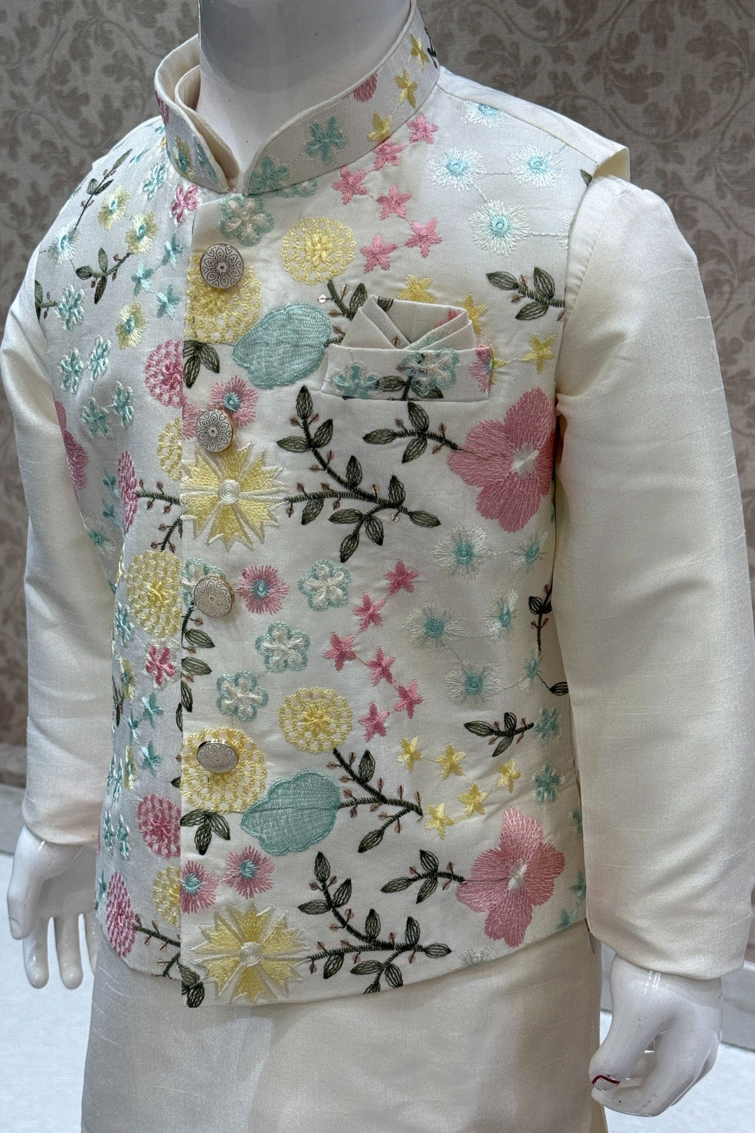Cream with Multicolor Embroidery and Sequins work Waist Coat Kurta Set for Boys