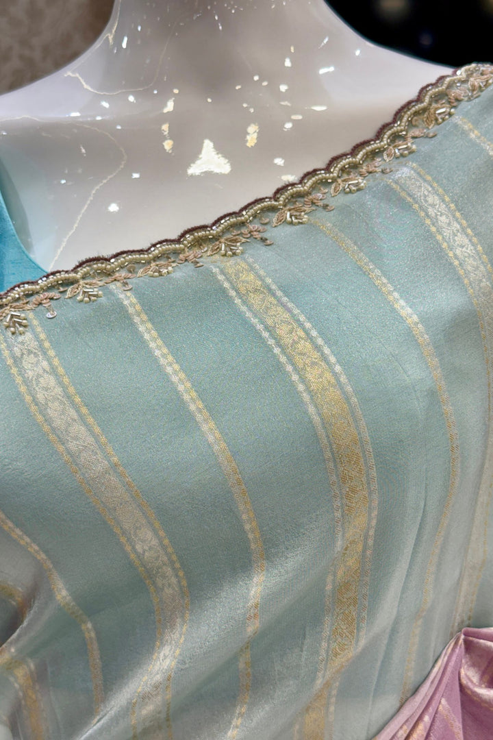 Elegant Lavender and Blue Saree with Golden Zari Stripe Detailing