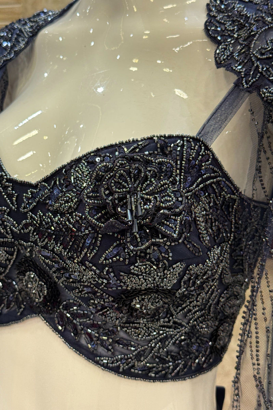 Navy Blue Indo-Western Styled Beads and Sequins work Crop Top and Cowl Skirt