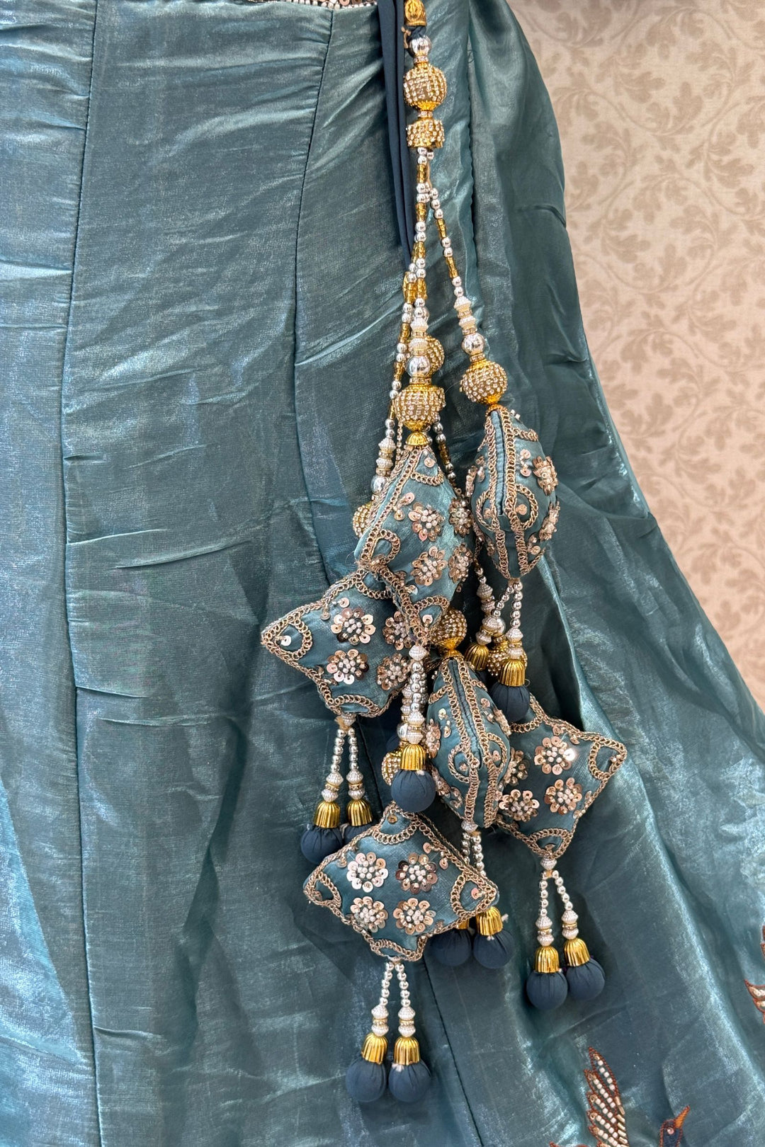 Bridal Organza Lehenga with Hand-Embroidered Birds and Floral Forest Motifs