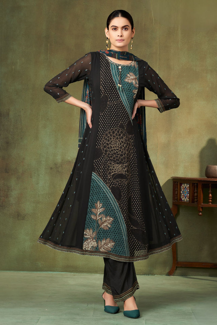 Black Sequins and Thread work with Digital Print Straight Cut Salwar Suit