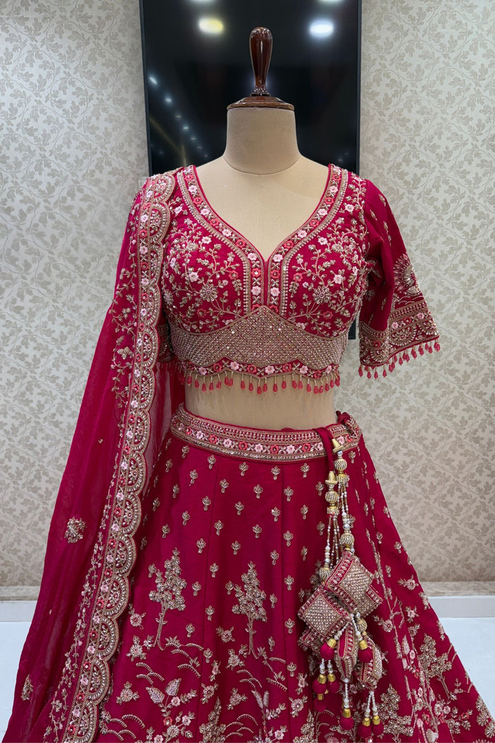 Designer Wedding Lehenga in Rani Pink with Beads, Zari and Sequins Work