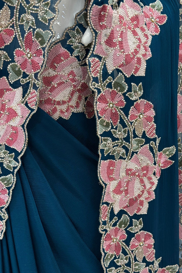 Peacock Green Embroidery, Sequins, Pearl and Zari work Saree