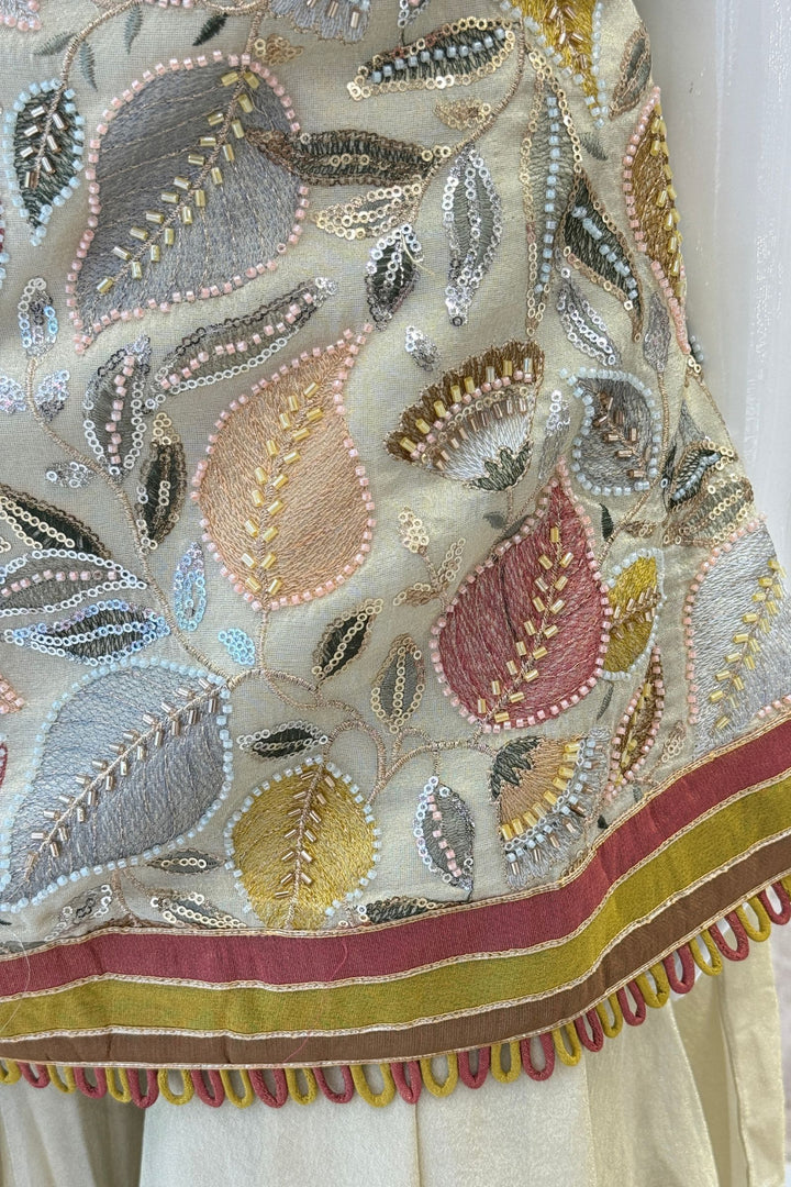 Cream Set Featuring All-Over Multicolour Thread and Bead Leaf Embroidery
