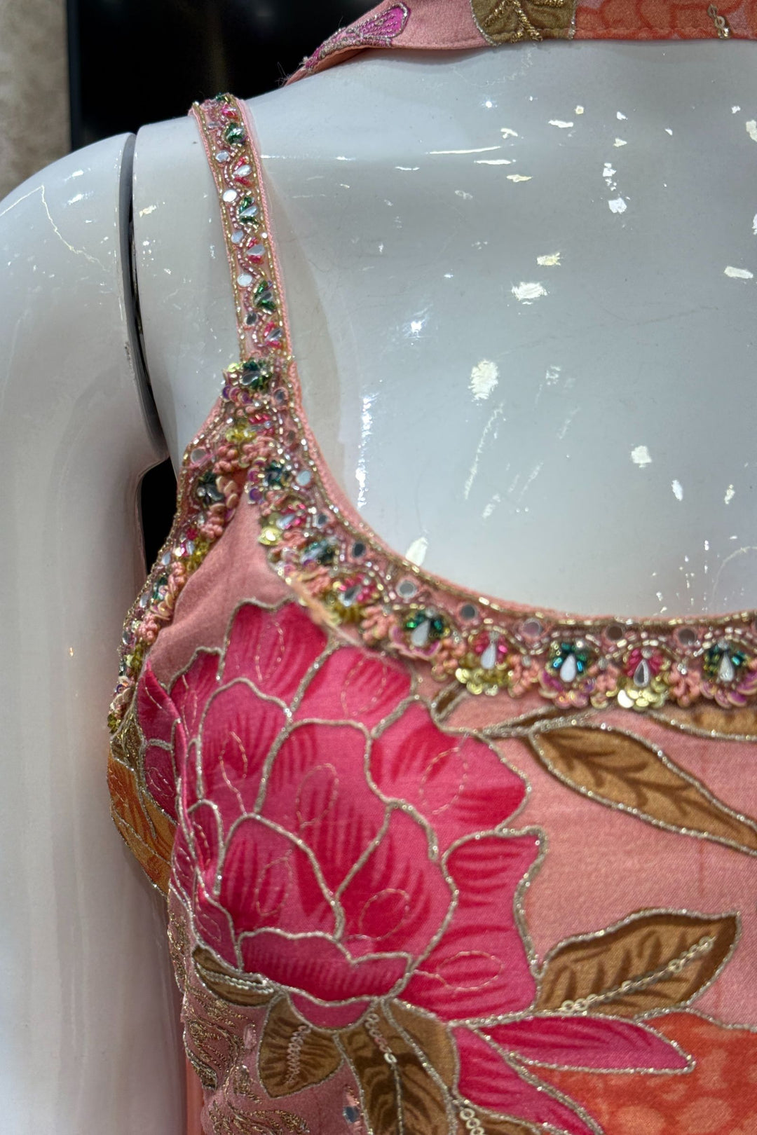 Peach Mirror, Sequins, Zari and Beads work with Floral Print Palazzo Salwar Suit