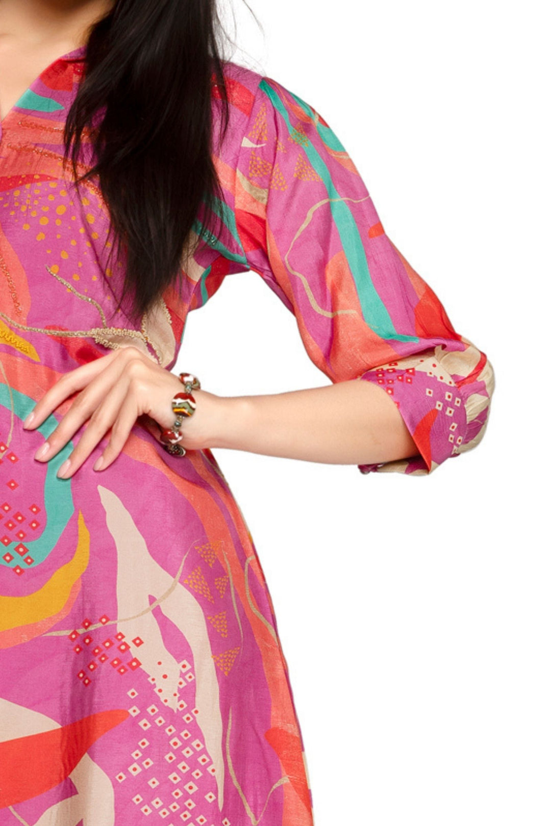 Pink with Multicolor Digital Print and Beads work Calf Length Kurti