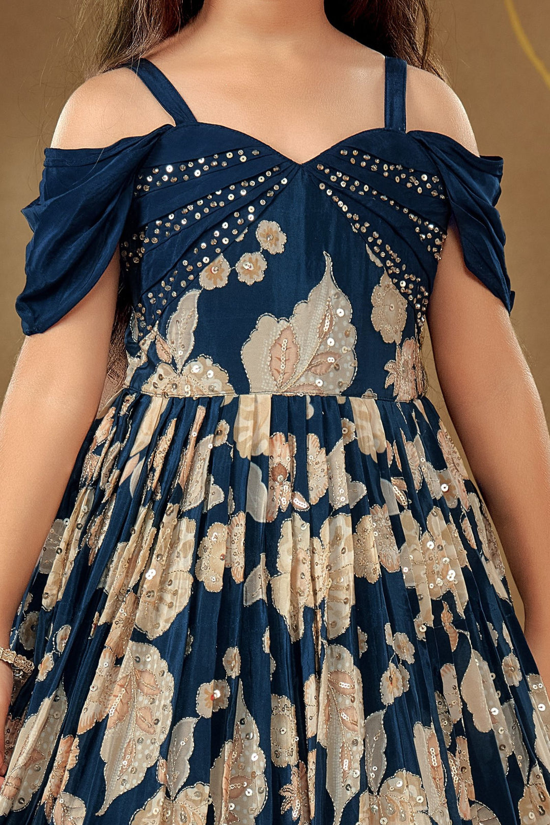 Navy Blue Sequins and Zari work with Floral Print Long Party Gown for Girls