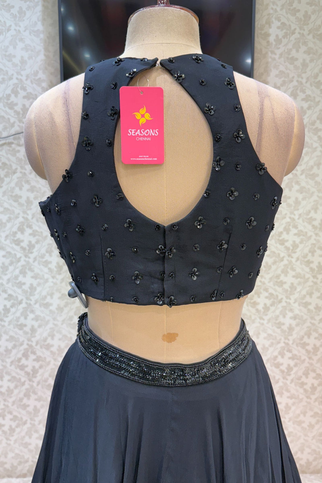 Black Beads and Sequins work Crop Top Lehenga