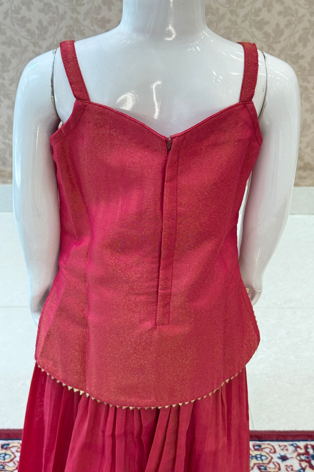 Pinkish Red Sequins, Zari, Beads and Mirror work Palazzo Suit Set for Girls