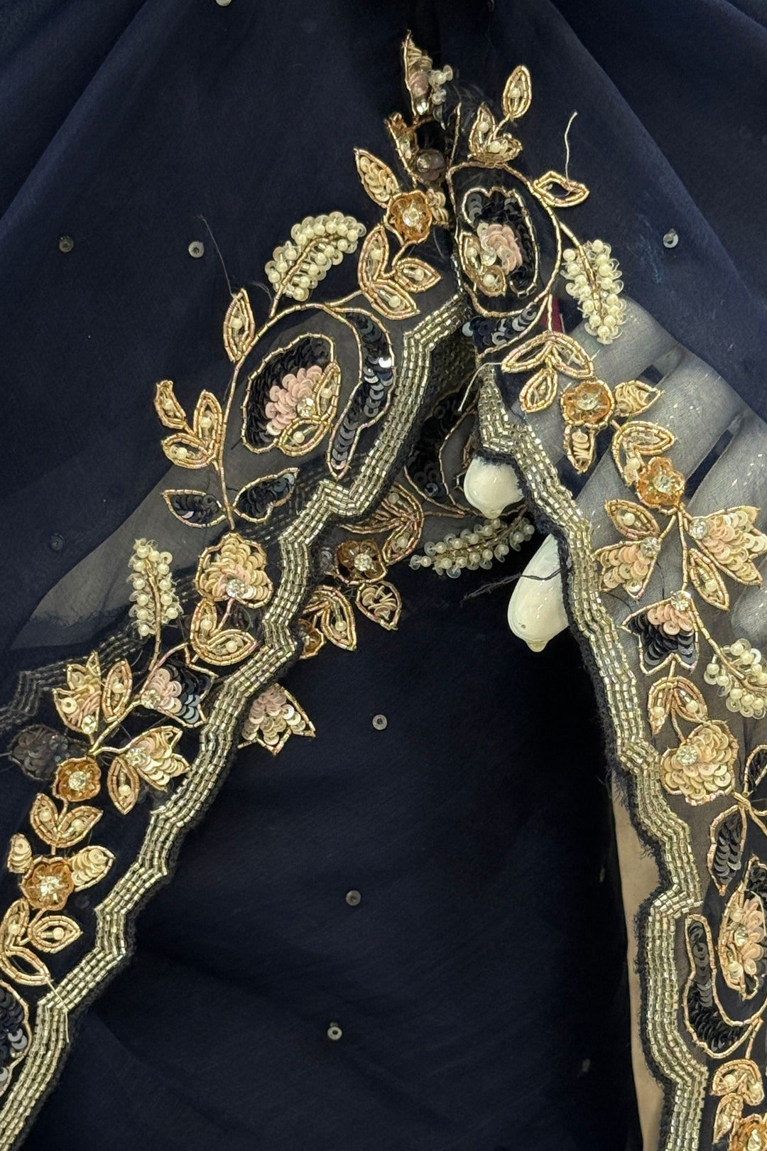 Navy Blue Sequins, Beads, Stone and Pearl work Organza Saree with Designer V-Neck Blouse