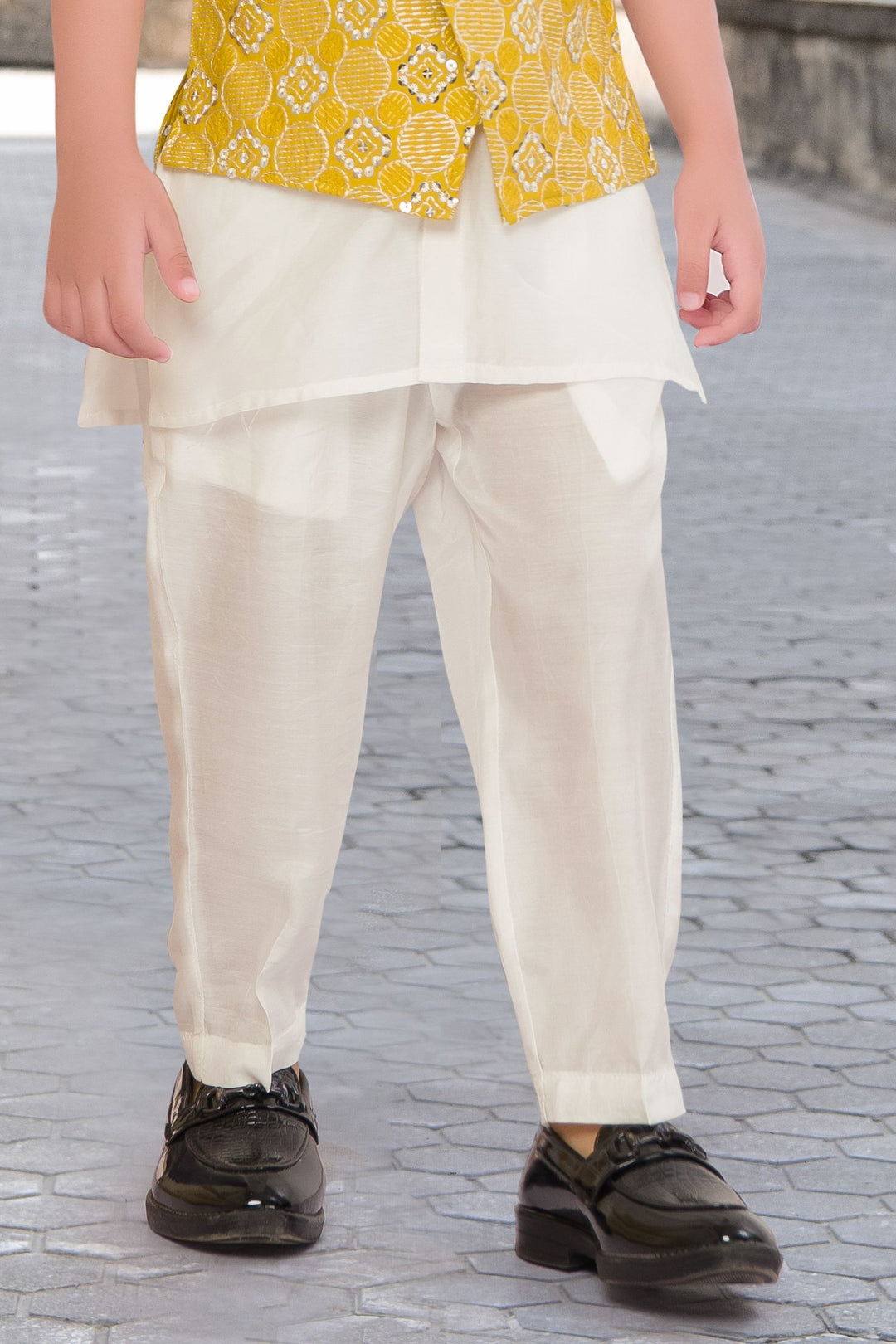 White with Yellow Thread and Sequins work Waist Coat Kurta Set for Boys
