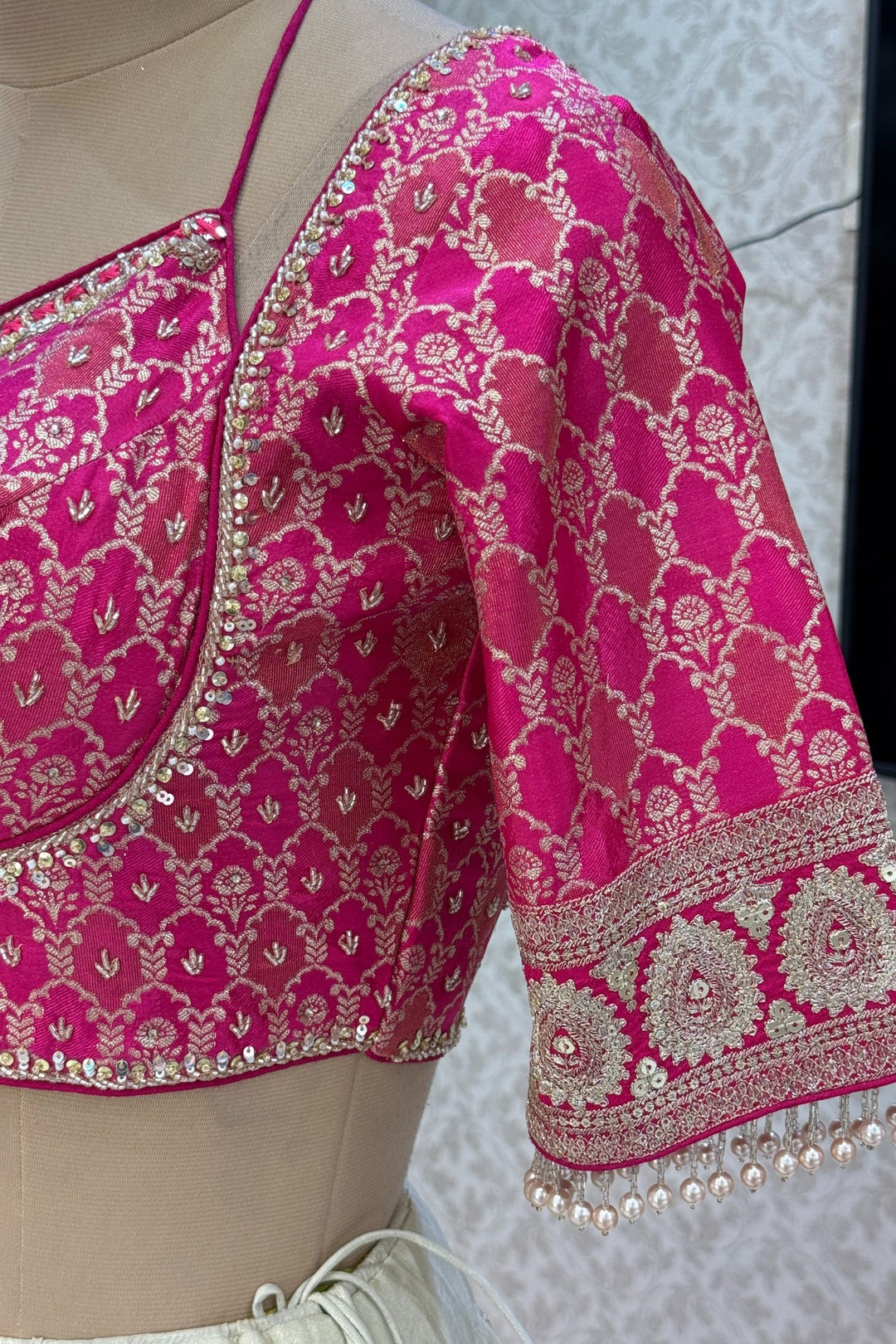 Pink with Cream Beads, Sequins, Stone, Mirror, Zari and Banaras work Crop Top Lehenga