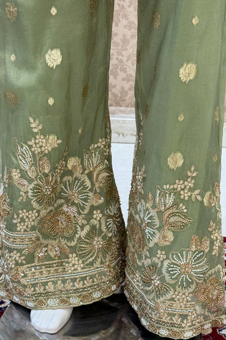 Pista Green Beads, Banaras, Sequins, Stone, and Thread work Salwar with Palazzo Pant