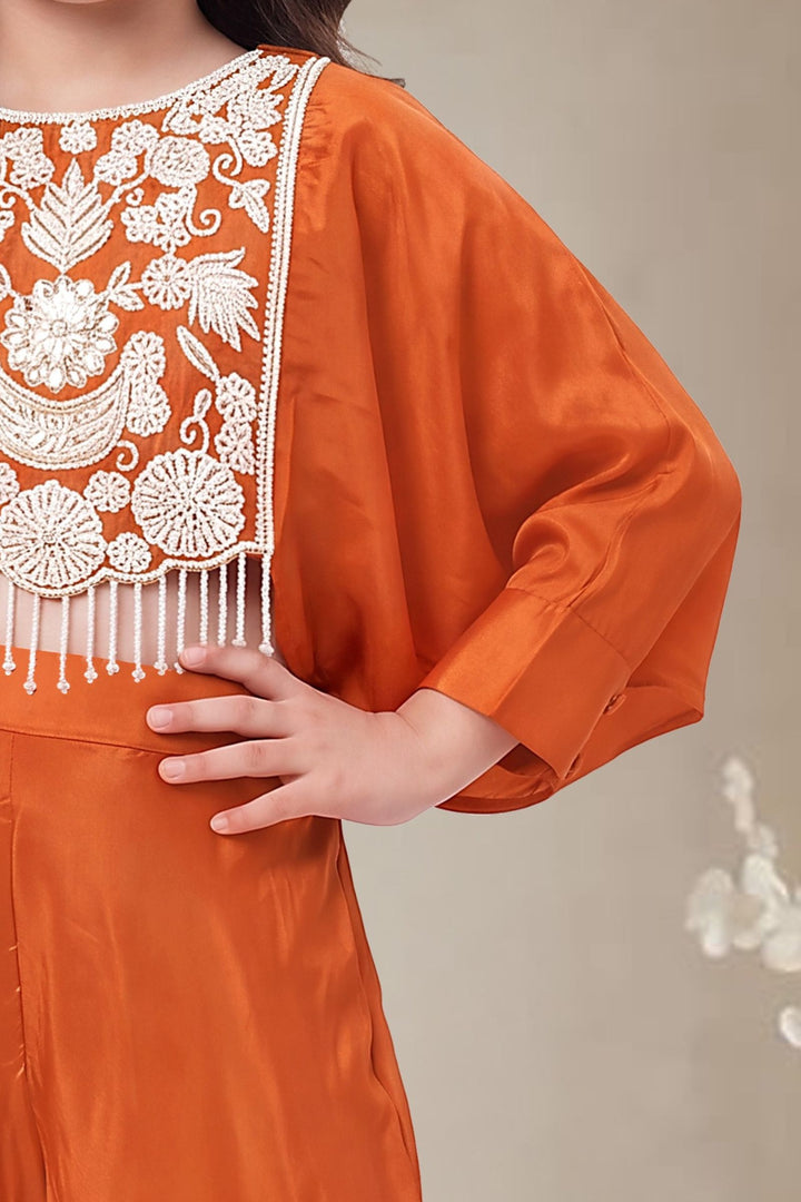 Orange Beads, Zari and Sequins work Kaftan Styled Palazzo Set For Girls