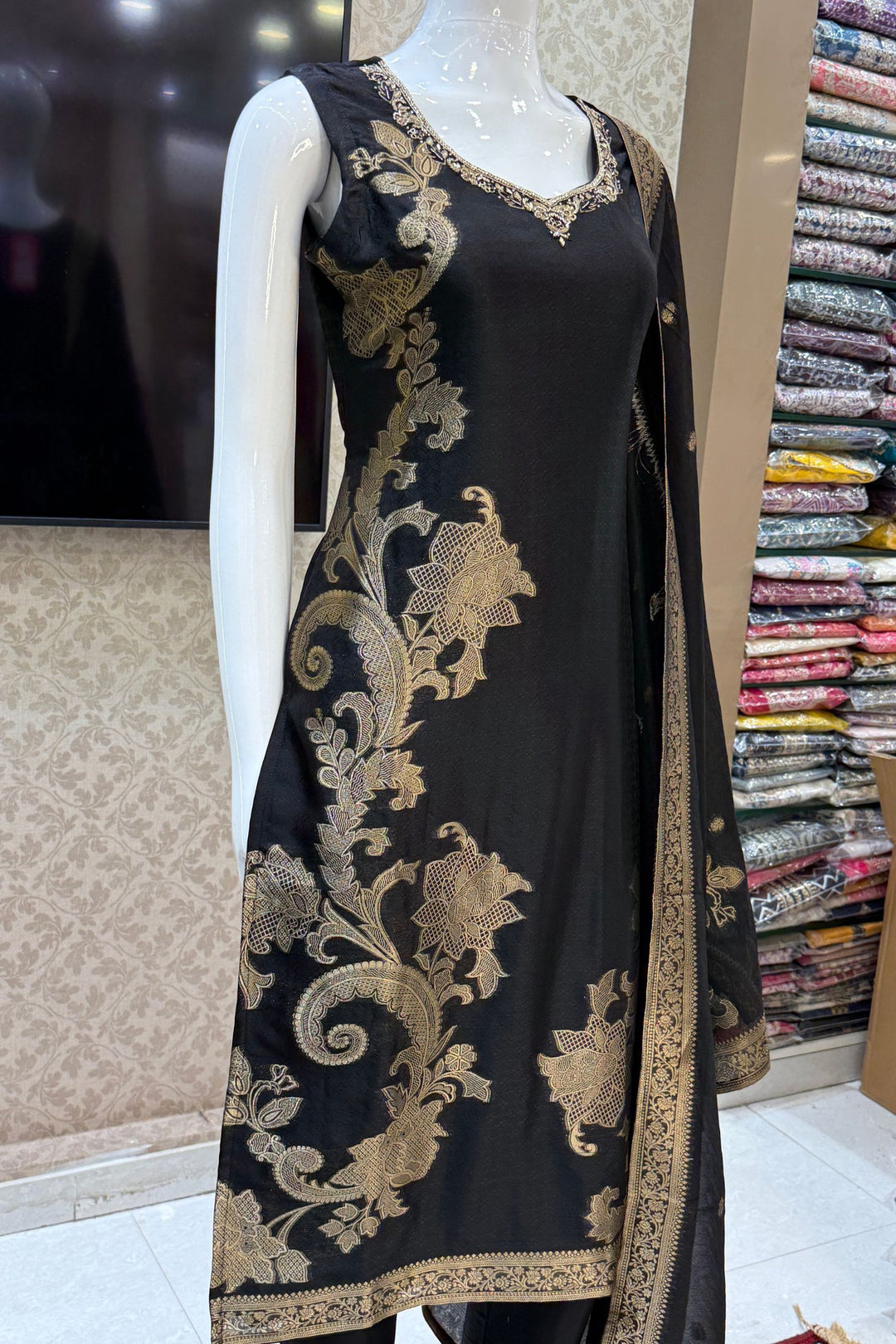 Black Banaras, Stone, Zardozi, Beads and Zari work Straight Cut Salwar Suit