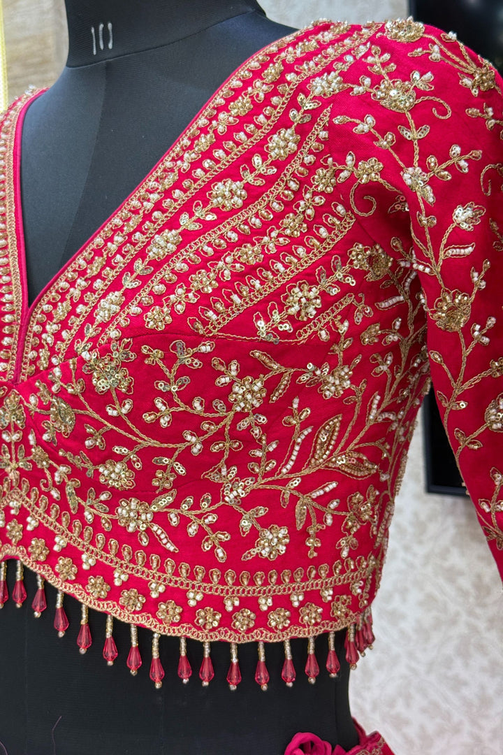 Rani Pink Beads, Zari, Zardozi and Sequins work Crop Top Designer Bridal Lehenga with Belt