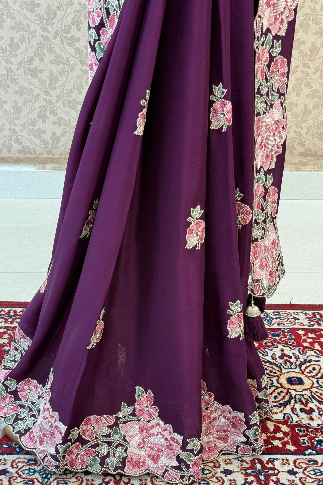 Wine Saree with Exquisite Floral Thread, Sequin and Bead Embellishments