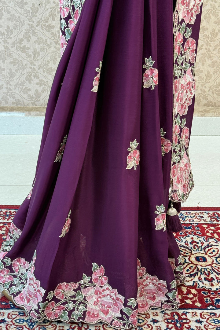 Wine Saree with Exquisite Floral Thread, Sequin and Bead Embellishments