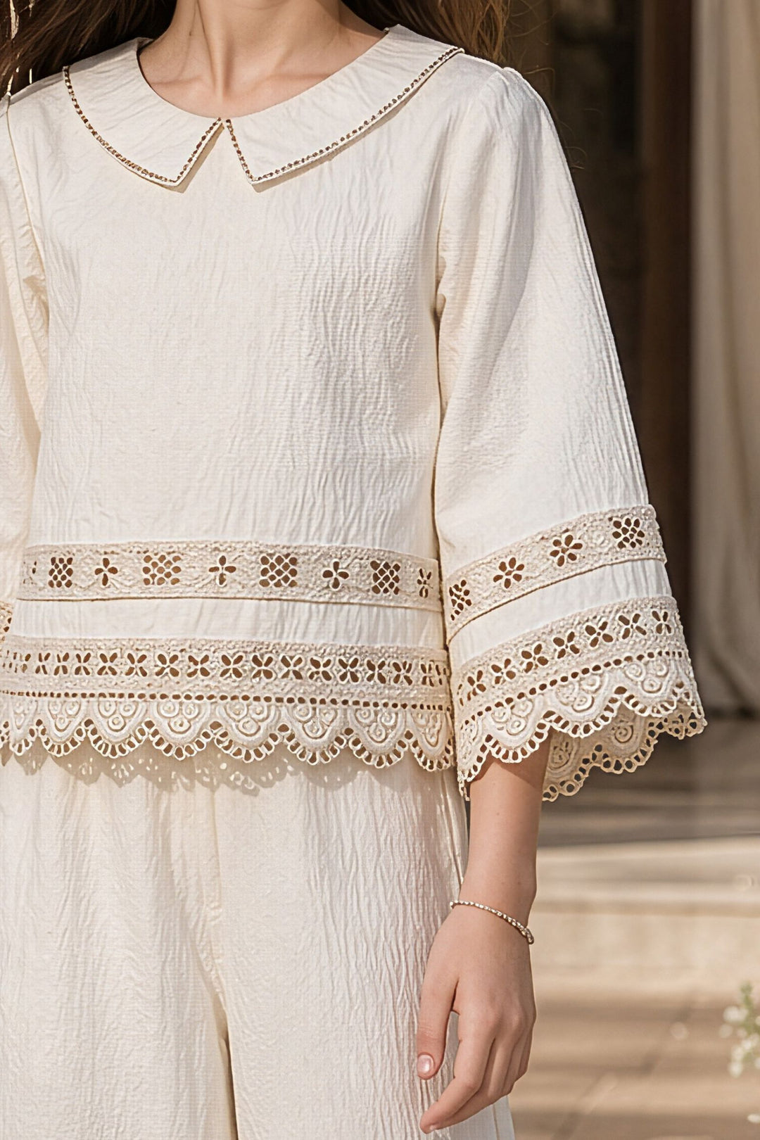 Cream Zari work Top and Palazzo Set for Girls