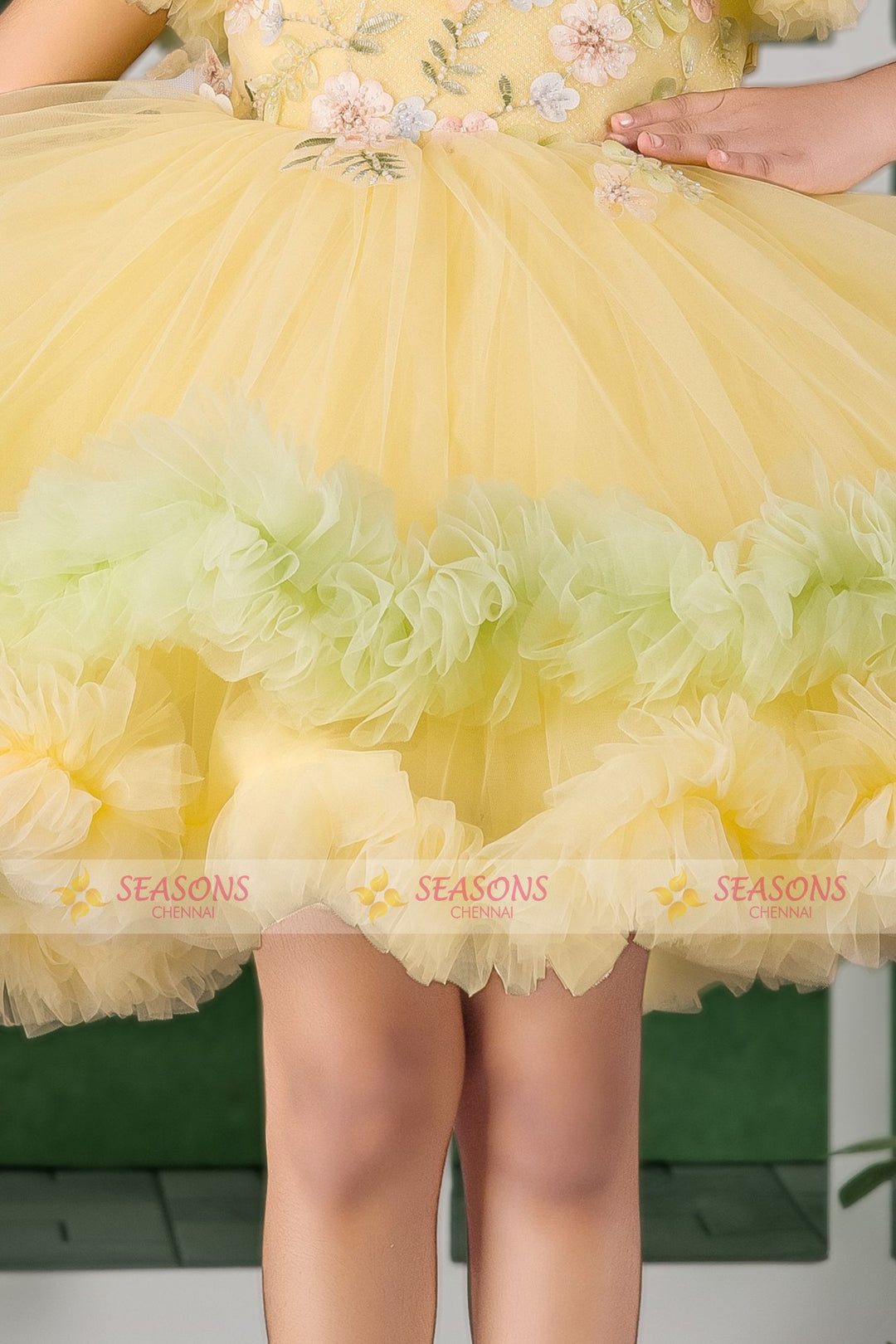 Yellow with Green Beads work Short Partywear Frock for Girls