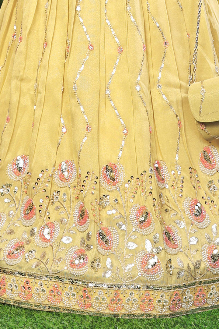 Yellow Beads, Zari and Sequins work Lehenga Choli for Girls with Bag