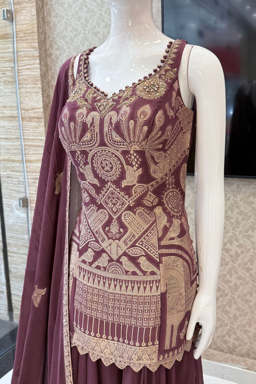 Light Wine Banaras, Stone, Zardozi and Beads work Palazzo Salwar Suit