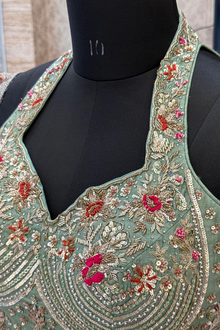Sea Green Zardozi, Sequins, Beads, Thread and Zari work with Halter Neck Lehenga