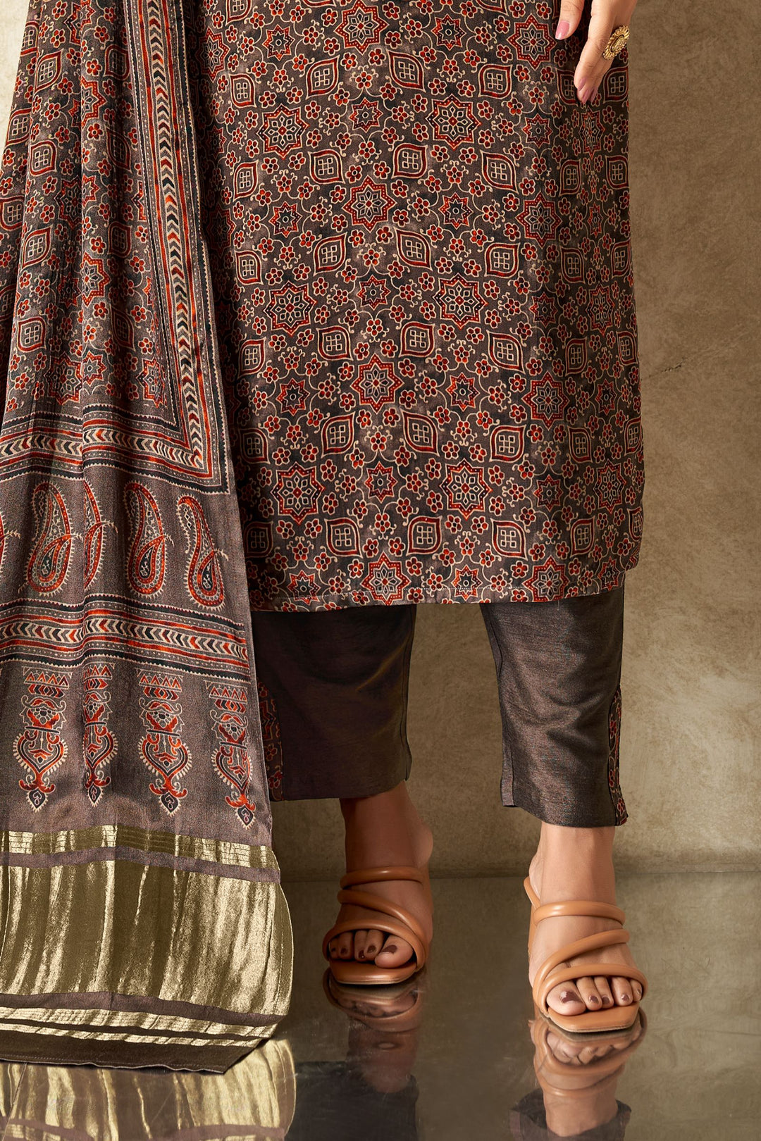 Brown Zardozi, Mirror, Stone and Beads work with Ajrakh Print Straight Cut Salwar Suit